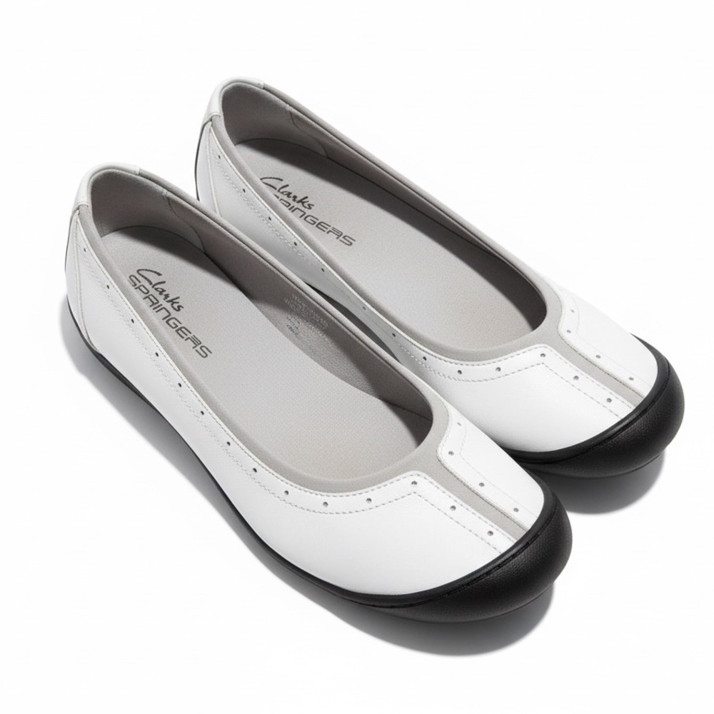 Clarks Springers Leather Ballet Flats Cap Toe Comfort Shoes White Black Size 8